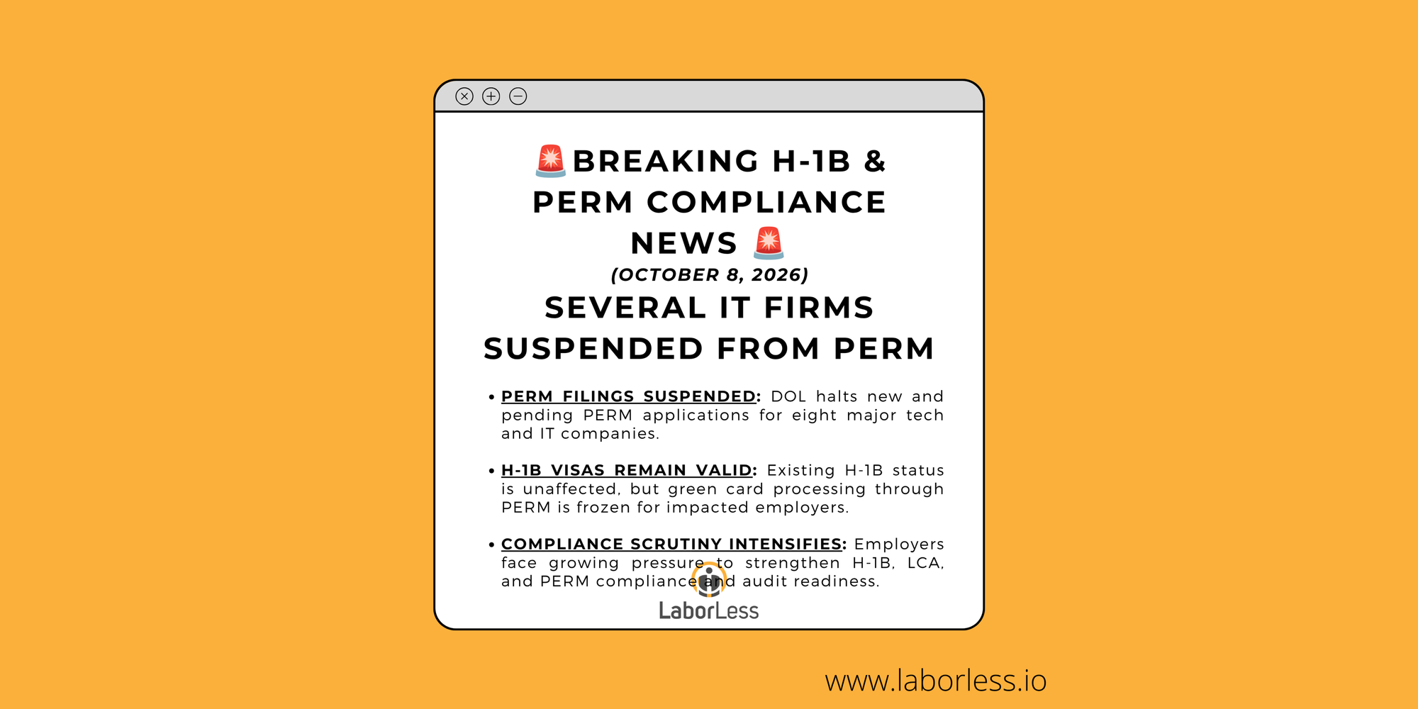 DOL Suspends PERM Filings for Major Tech Companies: What the October 8, 2026 Announcement Means for H-1B, LCA, and PERM Compliance